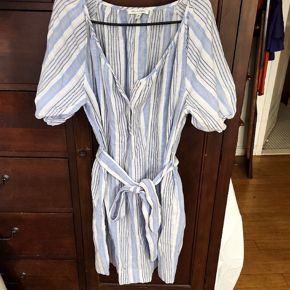 Blue and White Puff Sleeve Midi Sundress